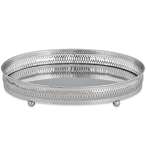 Großes Ovale Serviertablett 29 x 19 cm - Vernickeltes Spiegeltablett mit hohem Rand (4 cm) und Füßen - Dekotablett für Getränke und Speisen, Elegante Galerie Optik von H.Bauer jun.