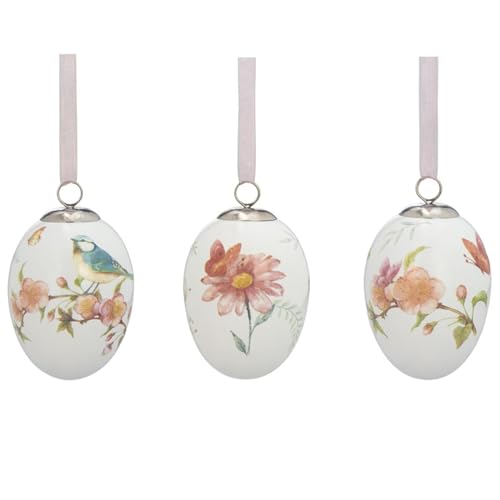 H.Bauer jun. kleine weiße Keramik Deko Eier - Bunte Motiv-Eier mit Blumen & Vögeln Bedruckt 5 x 7 cm zum Aufhängen - 3-teiliger Oster- oder Frühlingsschmuck für Bäume, Sträucher, Fenster oder Türen von H.Bauer jun.