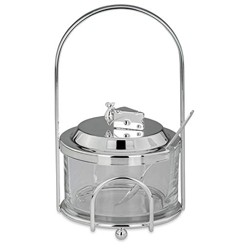 Hochwertiges Parmesanglas 300 ml - Mehrzweck-Glas mit versilberten Tragegestell, Löffel (11 cm) und Deckel mit Maus & Käsestück - Glasdose als edle Tischdeko universell nutzbar von H.Bauer jun.