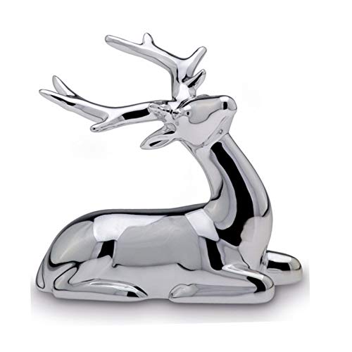 Kleine liegende Porzellan Deko Rentier Figur - silbern glänzende Hirsch Geweih Weihnachts-Deko zum Hinstellen Höhe 9 cm von H.Bauer jun.