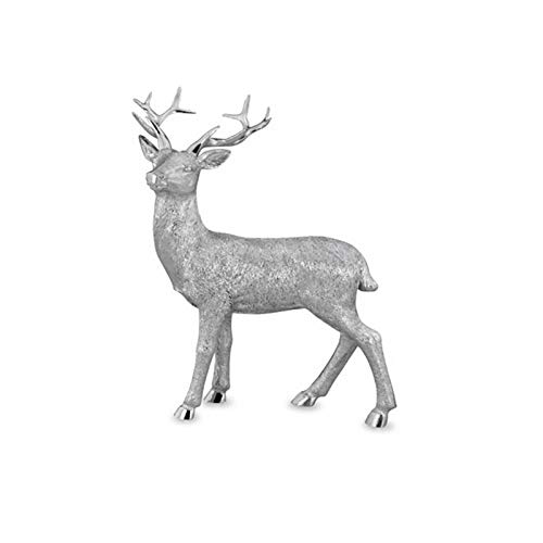 Kleine stehende Kunststein Deko Hirsch Figur - silbern glänzende Jagtfigur mit Geweih - Silberglanz Weihnachts-Deko zum Hinstellen Höhe 19 cm von H.Bauer jun.