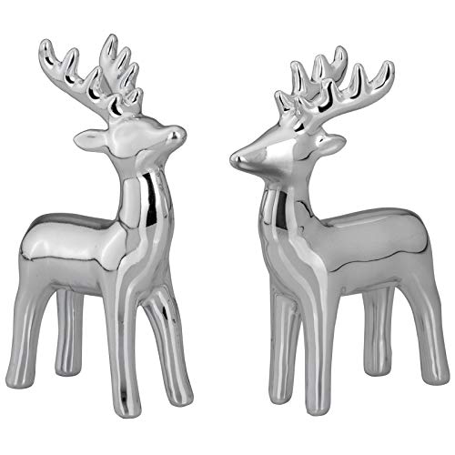 Kleine stehende Porzellan Deko Rentier Figur Paar - silbern glänzende Hirsch Geweih Weihnachts-Deko zum Hinstellen Höhe 12 cm von H.Bauer jun.