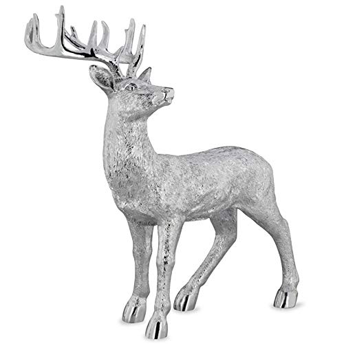 Kleine stehende XXL Kunststein Deko Hirsch Figur - silbern glänzende Jagtfigur mit Geweih - Silberglanz Weihnachts-Deko zum Hinstellen Höhe 47 cm von H.Bauer jun.