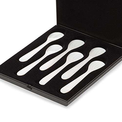 Löffel Set aus Perlmutt (Süßwassermuschel) ca. 12 cm - Naturprodukt - 6 kleine Eierlöffel oder Kavierlöffel - auch für Marmelade, Konfitüre, Eis oder Dips - mit Etui von H.Bauer jun.