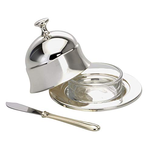 kleine Design Butterdose für 1/4 Pfund Butter (125g) - runde versilberte Butterglocke Ø 11 cm - Mini Butterbehälter mit Glaseinsatz & Butter-Messer - auch als Käseglocke nutzbar von H.Bauer jun.