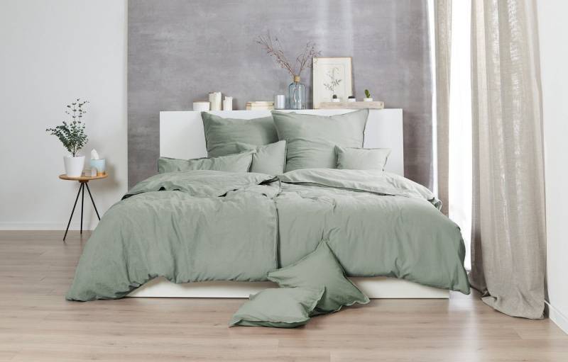 H.G. Hahn Haustextilien Bettwäsche Hahn Renforce Bettwäsche 135x200 stonewashed olive khaki grün uni, Renforce, 2 teilig von H.G. Hahn Haustextilien