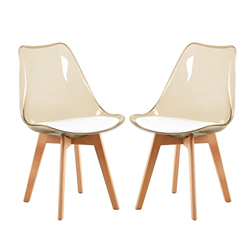 H.J WeDoo 2er Set Braun Transparente Esszimmerstühle im Skandinavischen Stil, 2 Küchenstühle Massive Buchenholzbeine mit Weißem PU Leder Sitzkissen von H.J WeDoo
