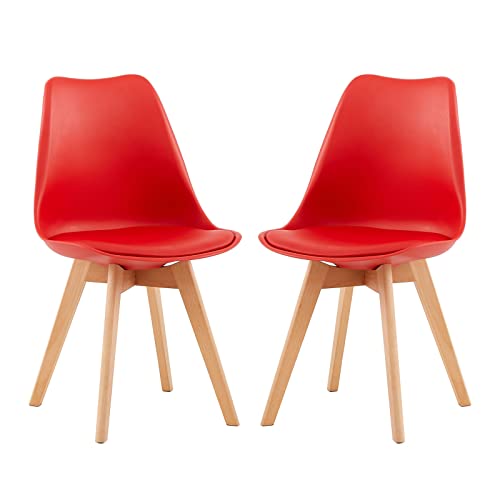 H.J WeDoo 2er Set Küchenstühle Esszimmerstühle Modern Esszimmermöbel, mit Massivholz Buchenholz Bein und Kissen aus PU-Leder, Rot von H.J WeDoo