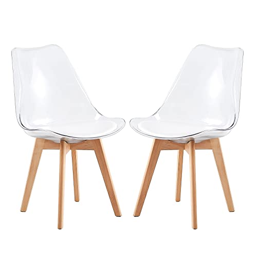 H.J WeDoo 2er Set Transparente Esszimmerstühle im Skandinavischen Stil, 2 Küchenstühle Massivholzbeine aus Buche mit Weißem PU Leder Sitzkissen von H.J WeDoo