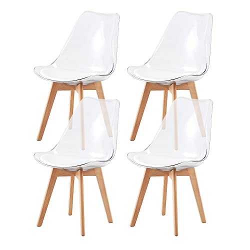 H.J WeDoo 4er Set Transparente Esszimmerstühle im Skandinavischen Stil, 4 Küchenstühle Massivholzbeine aus Buche mit Weißem PU Leder Sitzkissen von H.J WeDoo