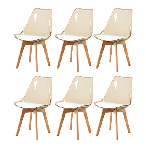 H.J WeDoo 6er Set Braun Transparente Esszimmerstühle im Skandinavischen Stil, 6 Küchenstühle Massive Buchenholzbeine mit Weißem PU Leder Sitzkissen von H.J WeDoo