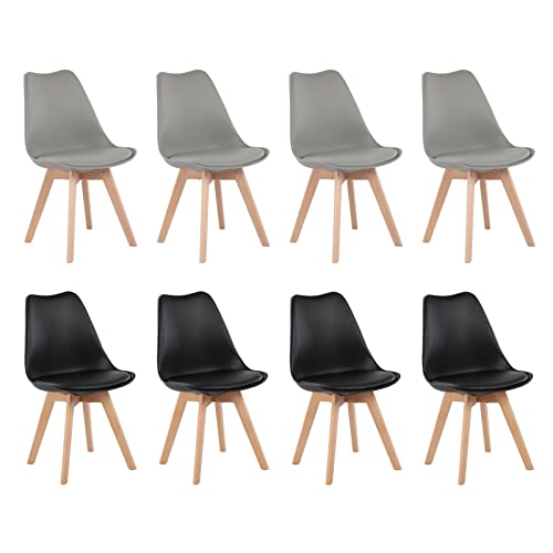 H.J WeDoo Scandinavian Retro 8 Stück Esszimmerstühle mit Gepolstertem Sitz und Beinen aus Massivholz, 4 Schwarz + 4 Grau von H.J WeDoo