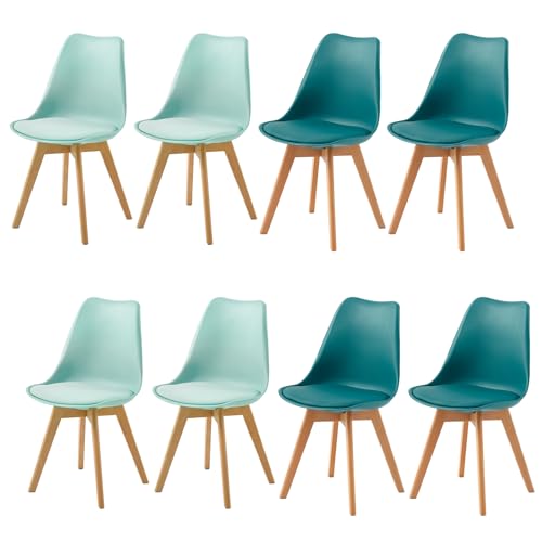 H.J WeDoo 8er Set Skandinavische Esszimmerstühle, Design Küchenstühle mit Kissen, Massives Buchenholz,4Mintgrün + 4Türkis von H.J WeDoo