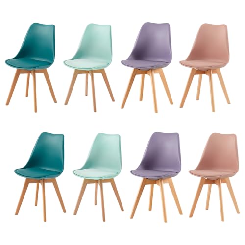 H.J WeDoo 8er Set Esszimmerstühle im Skandinavischen Stil,8 Küchenstühle in Modernen Hellen Farben,Gepolstert in PU mit Buchenholz Beine,2Rauchrosa+2Türkis+2Minzgrün+2Grau Violett von H.J WeDoo
