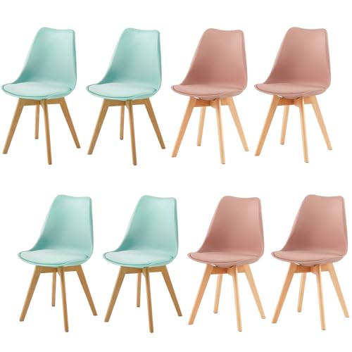 H.J WeDoo 8er Set Skandinavische Esszimmerstühle, Design Küchenstühle mit Kissen, Massives Buchenholz,4Mintgrün+4Rauchrosa von H.J WeDoo