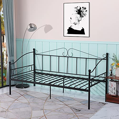 H.J WeDoo Bettrahmen Metallbett Bettsofa Tagesbett Gästebett mit Lattenrost für Schlafzimmer Wohnzimmer passend für 90 * 200 cm Matratze, Schwarz von H.J WeDoo