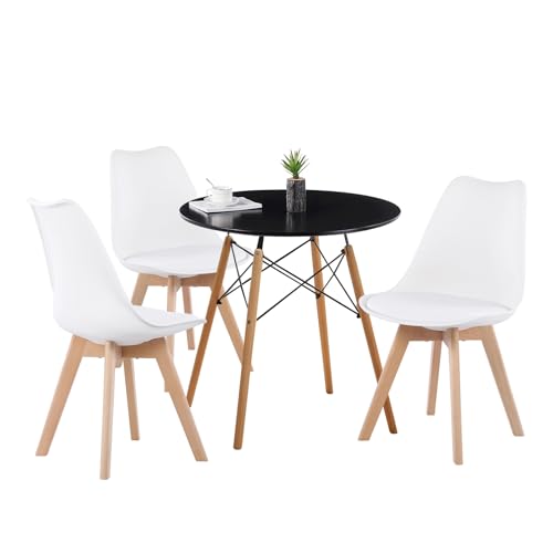 H.J WeDoo Essgruppen Esstisch mit 3 Stühlen Esszimmergruppe, 80x80cm Küchentisch mit 3er Set Esszimmerstuihlel Sitzgruppe für Wohnzimmer Küche Büro (Schwarz Tisch+ 3 Weiß Stühle) von H.J WeDoo