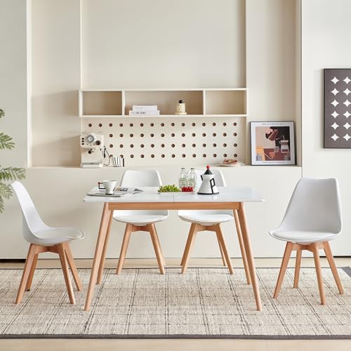 H.J WeDoo Esstisch Ausziehbar mit 4 Stühlen Esszimmergruppe, Rechteckig Küchentisch und 4er Set Esszimmerstühle Essgrupp für Wohnzimmer Küche Büro(120-160cm Weiß Tisch+4 Weiß Stühle) von H.J WeDoo
