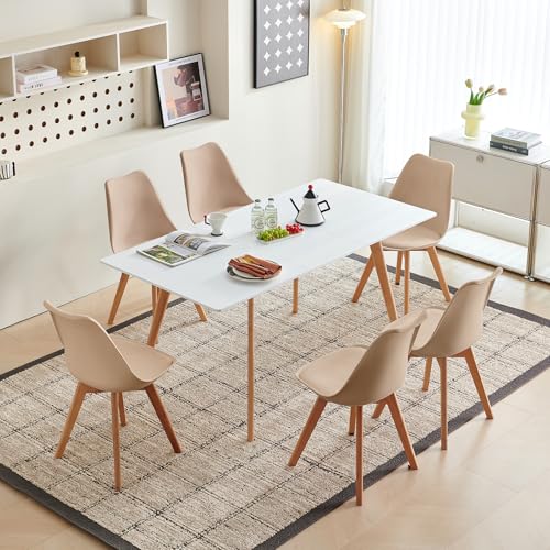 H.J WeDoo Esstisch Ausziehbar mit 6 Stühlen Esszimmergruppe, Rechteckig Küchentisch und 6er Set Esszimmerstühle Essgrupp für Wohnzimmer Küche Büro(120-160cm Weiß Tisch+6 Khaki Stühle) von H.J WeDoo
