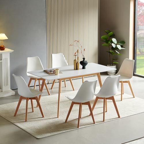 H.J WeDoo Esstisch Ausziehbar mit 6 Stühlen Esszimmergruppe, Rechteckig Küchentisch und 6er Set Esszimmerstühle Essgrupp für Wohnzimmer Küche Büro(120-160cm Weiß Tisch+6 Weiß Stühle) von H.J WeDoo