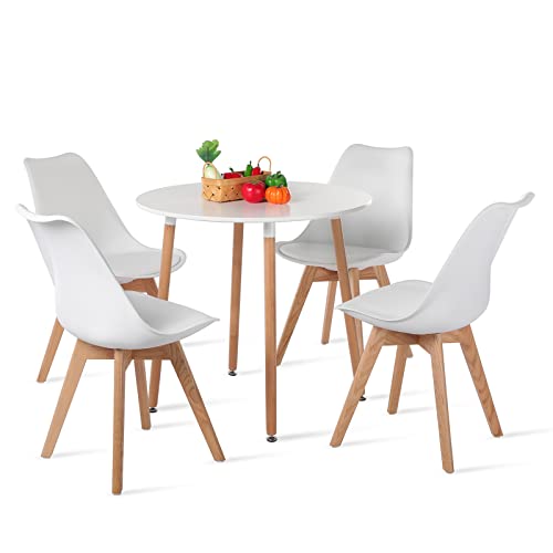 H.J WeDoo Esstisch Rund mit 4 Eiche Stühlen Küchentisch Wohnzimmertisch Holztisch Tisch Set für Wohnzimmer Küche Büro Weiß von H.J WeDoo