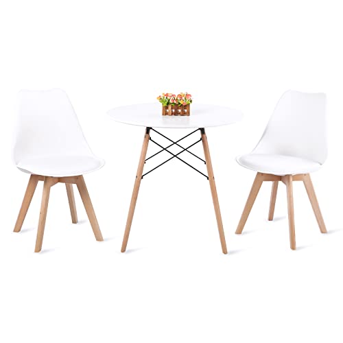 H.J WeDoo Esstisch-Set mit 2 Stühlen, runder Esstisch aus MDF, Durchmesser 80 cm, für Balkon, Esszimmer und Wohnzimmer, Weiß von H.J WeDoo