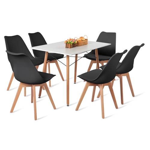 H.J WeDoo Esstisch-Set mit 6 Stühlen, rechteckiger Esstisch 110 cm, geeignet für Esszimmer, Küche, Wohnzimmer | weißer Tisch + schwarze Stühle von H.J WeDoo