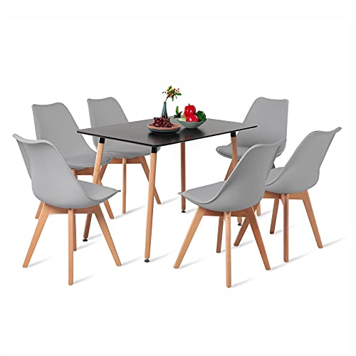 H.J WeDoo Esstisch mit 6 Stühlen, rechteckiger Esstisch 110 cm, geeignet für Esszimmer, Küche, Wohnzimmer | Schwarz Tisch + graue Stühle von H.J WeDoo