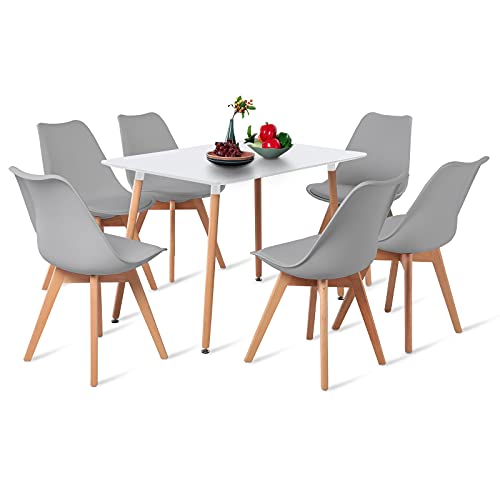H.J WeDoo Esstisch mit 6 Stühlen, rechteckiger Esstisch 110 cm, geeignet für Esszimmer, Küche, Wohnzimmer | Weiß Tisch + graue Stühle von H.J WeDoo