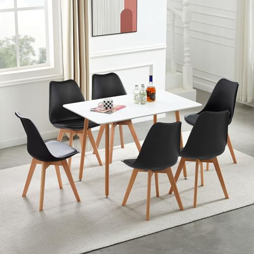 H.J WeDoo Esstisch mit 6 Stühlen, rechteckiger Esstisch 110 cm, geeignet für Esszimmer, Küche, Wohnzimmer | weißer Tisch + schwarze Stühle von H.J WeDoo