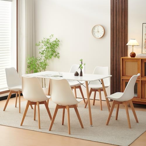 H.J WeDoo Esszimmergruppe Esstisch mit 6 Stühlen Essgrupp, Rechteckig Küchentisch und 6er Set Esszimmerstühle Sitzgruppe für Wohnzimmer Küche Büro(140x80cm Tisch+6 Weiß Stühle) von H.J WeDoo