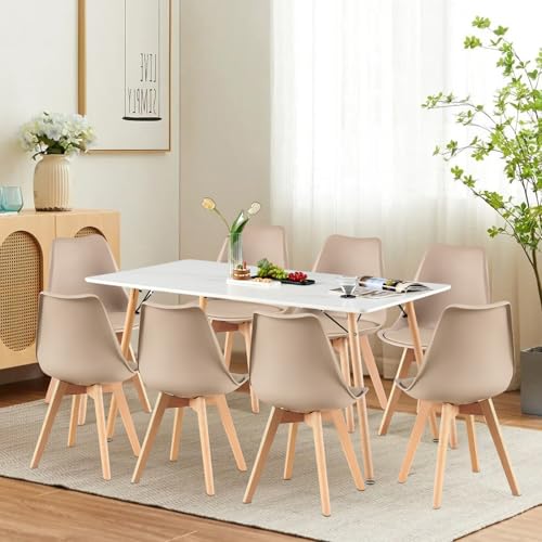 H.J WeDoo Esszimmergruppe Esstisch mit 8 Stühlen Essgrupp, Rechteckig Küchentisch und 8er Set Esszimmerstühle Sitzgruppe für Wohnzimmer Küche Büro(140x80cm Tisch+8 Khaki Stühle) von H.J WeDoo
