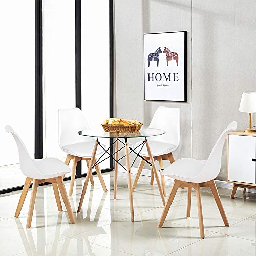 H.J WeDoo Esszimmergruppe Moderner Glastisch Rund Esstisch mit 4 Weiß Tulip Gepolsterter Stuhl Geeignet für Esszimmer Küche Wohnzimmer von H.J WeDoo