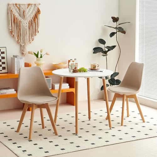 H.J WeDoo Rund Esstisch mit 2 Stühle Essgrupp, 80cm Küchentisch und 2er Set Esszimmerstühle Esszimmergruppe Sitzgruppe für Küche Wohnzimmer (Weiß Tisch+2 Khaki Stühl) von H.J WeDoo