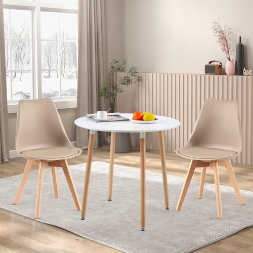 H.J WeDoo Rund Esstisch mit 2 Stühle Essgrupp, 90cm Küchentisch und 2er Set Esszimmerstühle Esszimmergruppe Sitzgruppe für Küche Wohnzimmer (Weiß Tisch+2 Khaki Stühl) von H.J WeDoo