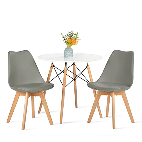 H.J WeDoo Rund Tisch und Stühle Set Esszimmergruppe, Essgruppe Weiß Tisch mit 2 Grau Stühlen für Esszimmer Küche Wohnzimmer von H.J WeDoo