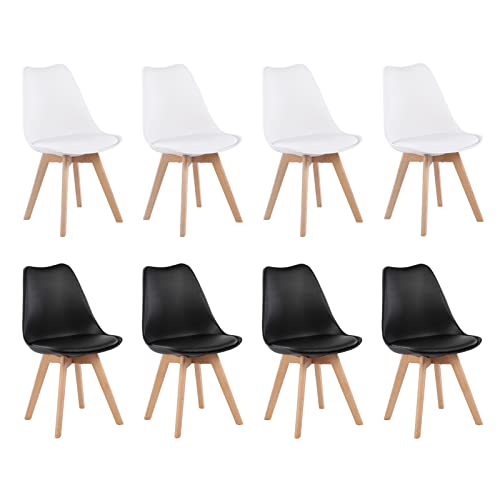 H.J WeDoo Scandinavian Retro 8 Stück Esszimmerstühle mit Gepolstertem Sitz und Beinen aus Massivholz, 4 Schwarz + 4 Weiß von H.J WeDoo