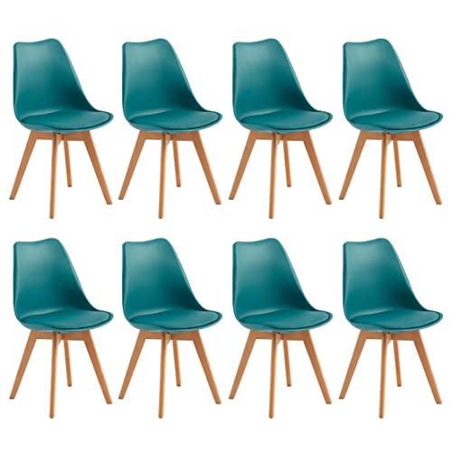 H.J WeDoo Set mit 8 skandinavischen Esszimmerstühlen, skandinavischer Stuhl mit Kissen aus Leder, Türkis & Massivholz, Türkis von H.J WeDoo