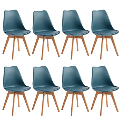 H.J WeDoo Set mit 8 skandinavischen Esszimmerstühlen, skandinavischer Stuhl mit Kissen aus Leder, dunkelblau & Massivholz, dunkelblau von H.J WeDoo