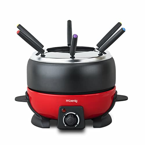 H.Koenig Elektrisches Fonduegerät mit 6 Gabeln 2L Edelstahl ALP1800, Fondue-Set Schokolade Käse Savoyarde, Herausnehmbare Schüssel Antihaftbeschichtet Widerstandsfähig, Spritzschutzdeckel von H.Koenig