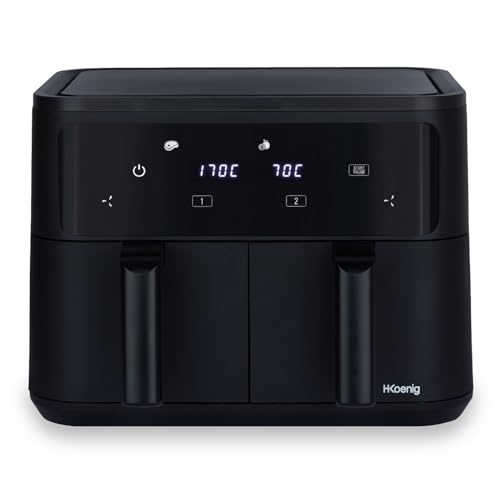 H.Koenig Airfryer Fritteuse ohne Öl, 2 Becken, XXL FRY900, doppelte Kapazität 9 l, verstellbar 80 – 200 °C, 8 Kochmodi, Timer 60 Minuten, Touchscreen, Schwarz von H.Koenig