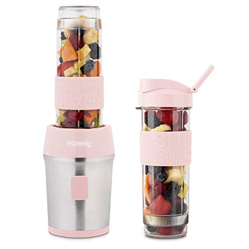 H.Koenig Mini Standmixer, tragbar, kompakt, 570 ml, SMOO12, BPA-frei, leistungsstark, 300 W, Smoothie-Mixer, 2 tragbare Flaschen, 4 Klingen aus Edelstahl, 2 Flaschen mit Reisedeckel, Pastellrosa von H.Koenig