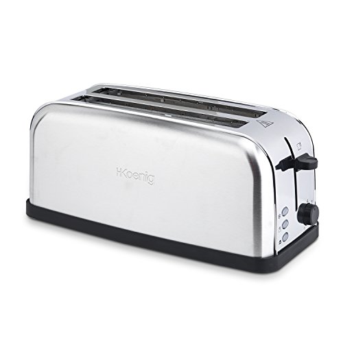 H.Koenig TOAS28 Toaster/Langschlitztoaster mit extra breitem Schlitz / 7 Wärmestufen / 3 Funktionen/geeignet für Bauernbrot, 4 Toasts oder Baguette/Edelstahl/silber von H.Koenig