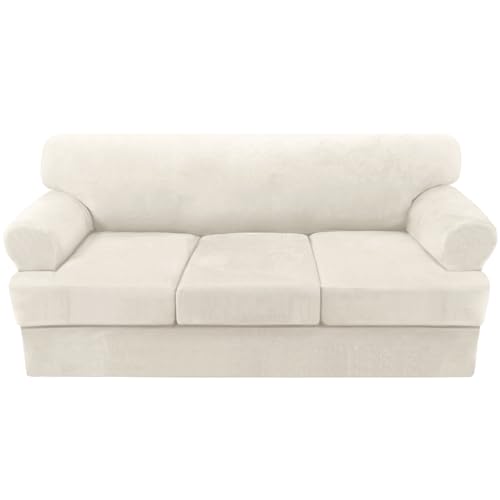 H.VERSAILTEX Sofabezug 4 Stück T Kissen Sofa Schonbezüge Dicker Samt Couchbezug Möbelschutz Stretch T Kissen Sofabezüge für 3 Kissen Couch mit 3 einzelnen T Kissenbezügen Waschbar, Elfenbein von H.VERSAILTEX