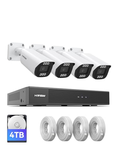 H.VIEW 4K POE überwachungskamera Set Aussen 8CH Videoüberwachung mit 4X 8MP PoE IP Kamera und 4TB HDD NVR für 24/7 Aufnahme,100ft Nachtsicht,Intelligente AI-Erkennung von H.VIEW