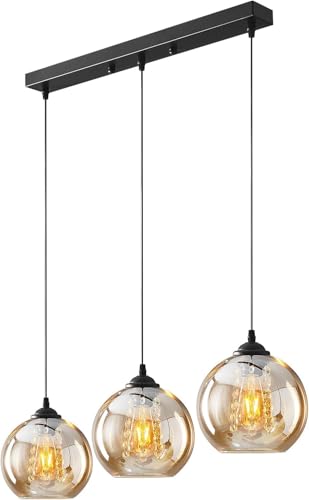 H.W.S Glas Pendelleuchte Kristall Pendellampe Modern Kugel Kronleuchter Design Kreative Hängeleuchte Höhenverstellbar Innen Dekoration Hängelampe Wohnzimmer Leuchte (Amber, 3 flammend lang) von H.W.S