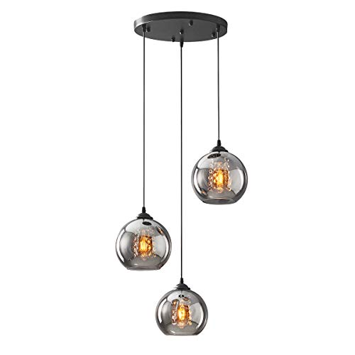 H.W.S Glas Pendelleuchte Kristall Pendellampe Modern Kugel Kronleuchter Design Kreative Hängeleuchte Höhenverstellbar Innen Dekoration Hängelampe Wohnzimmer Leuchte (Smoky gray, 3 flamming round) von H.W.S