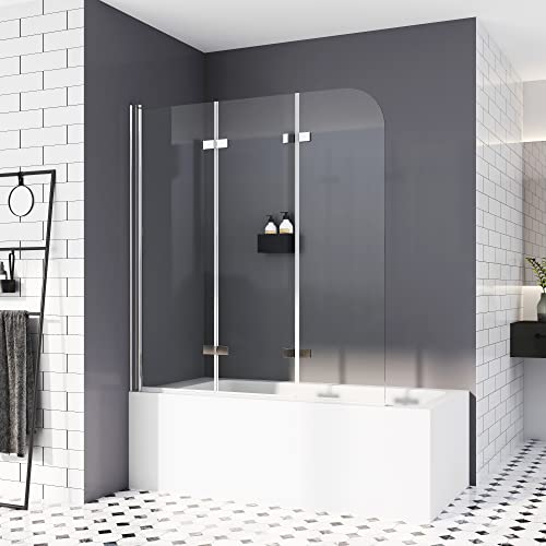 Duschwand für Badewannen 120 x 140 cm 3 teilig faltbar Sicherheitsglas hell Duschwand Duschabtrennung Nano 6mm Glas von HY-RWML
