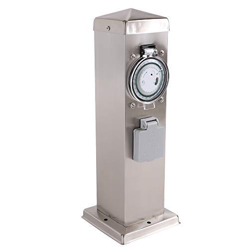 Steckdosensäule 2-fach Edelstahl Energiesäule IP44 Gartensteckdose 35cm Höhe Steckdose + Timer/Zeitschaltuhr von H4L