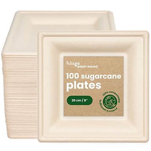HAAGO 100 Premium Zuckerrohr Bagasse Einwegteller, (Eckig) 20cm - Stabil, Biologisch Abbaubar, Umweltfreundlich & Kompostierbar von HAAGO